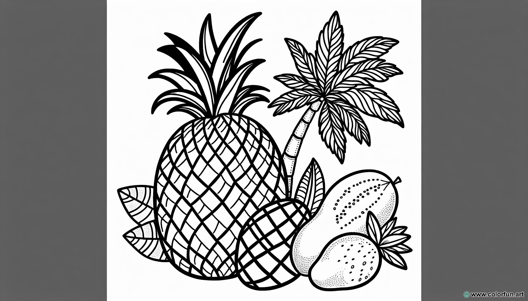 Coloring page of exotic fruits and vegetables