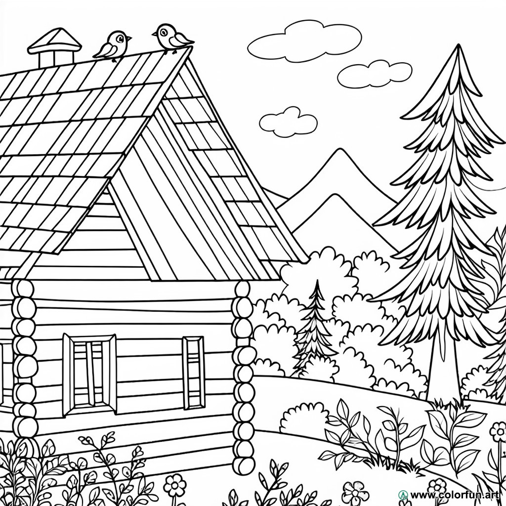 coloring page forest cabin