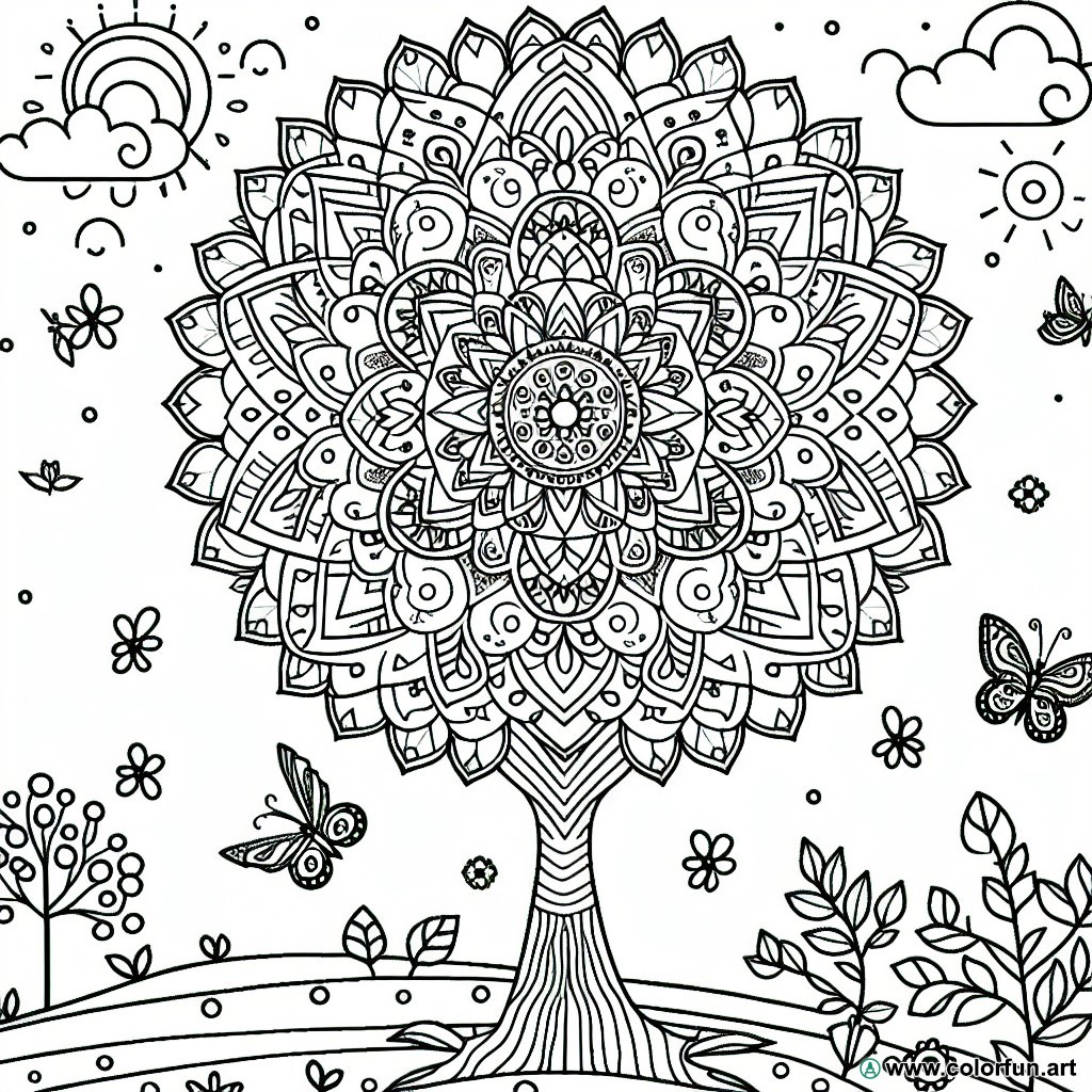 coloring page tree mandala